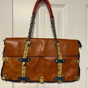 Beautiful Caramel Brown Leather Handbag with Beige, Blue and Red Python Trim